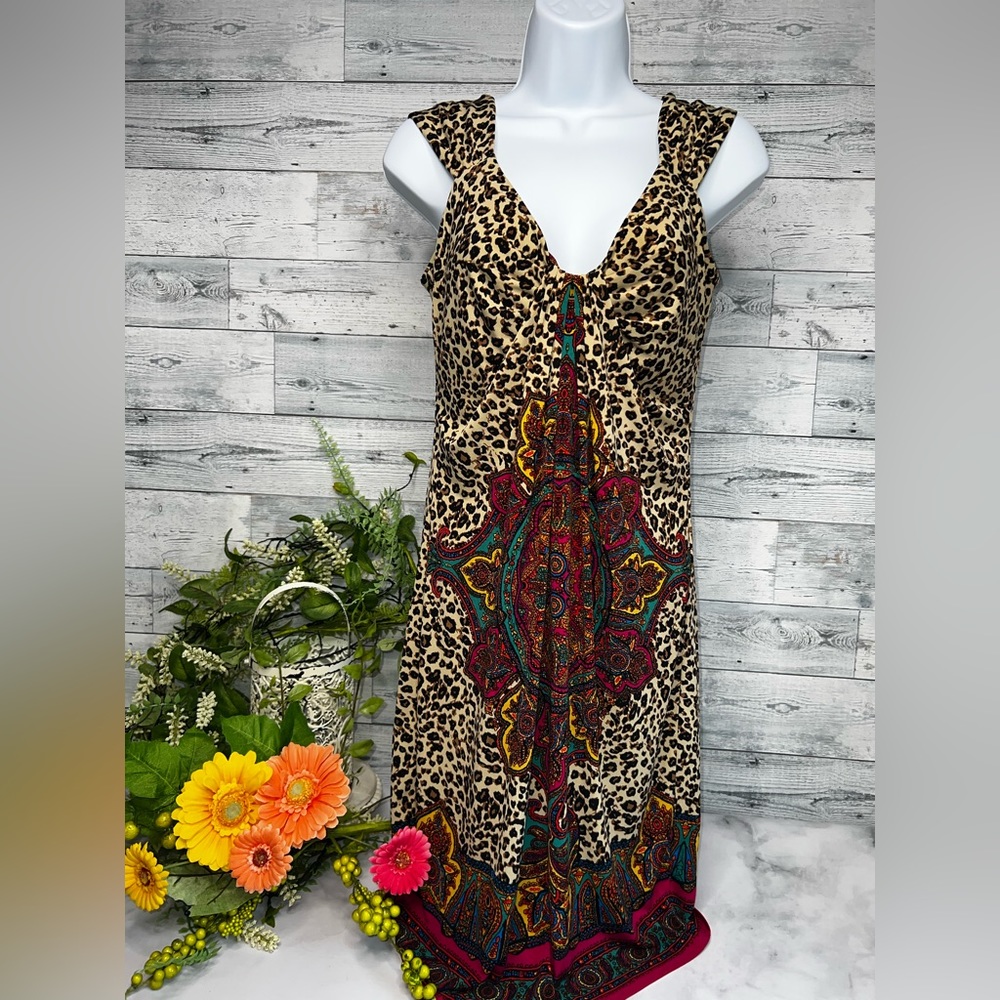 London Times size 6 sleeveless dress. Multi color leopard poly spandex dress.